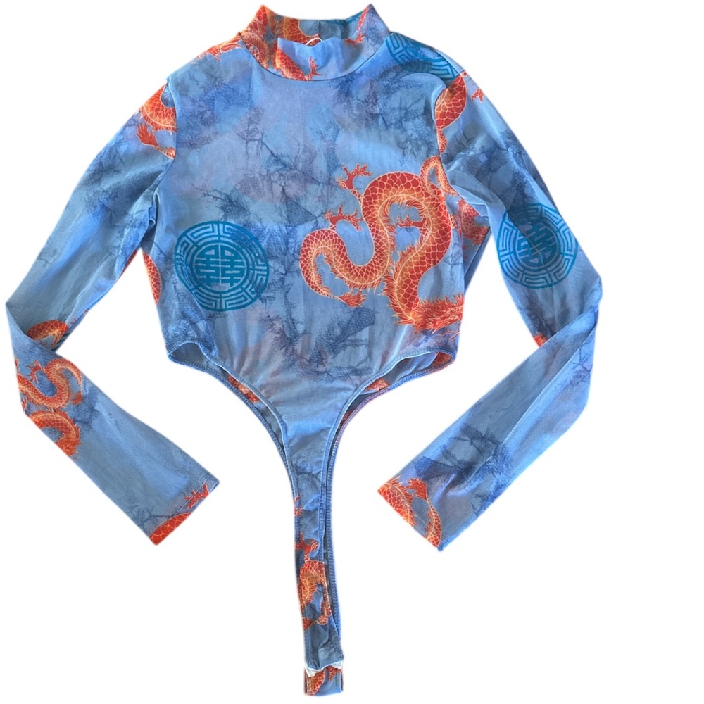 Timing Blue & Orange Dragon Long Sleeve Mesh Bodysuit